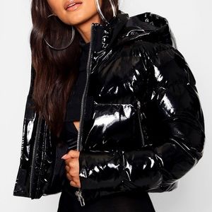 Boohoo Petite Crop Shine puffer coat